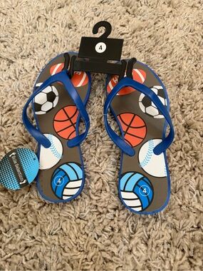 Blue Sports-Print Kids Flip Flops - Size 4